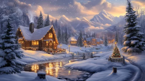 Snowy alpine village with glowing cabins at dusk.