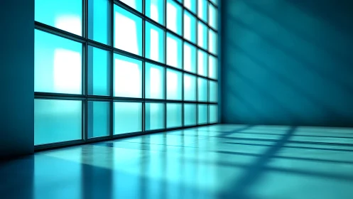 Sunlit Modern Room with Blue Glass Grid Windows, Minimalist Style.