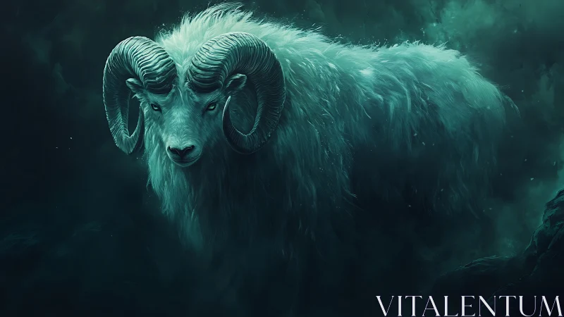 Luminescent horned ram drifting through abyssal teal ether.