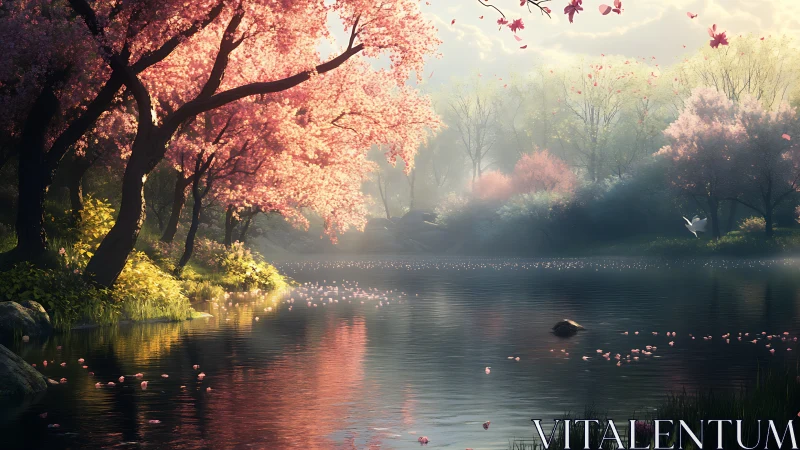 Blossoming cherry grove reflected on misty riverside waters.