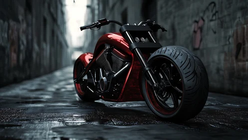 Midnight scarlet chopper prowls a rain-dark urban alleyway.