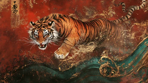 Roaring ember tiger leaping through crimson storm tides.