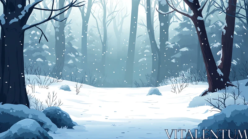 Snowy Winter Forest with Falling Snow. Digital illustration.
