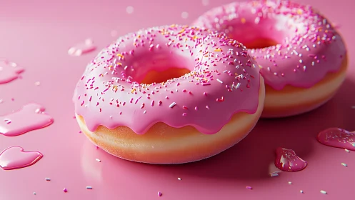 Glazed pink donuts glow on glossy monochrome backdrop.