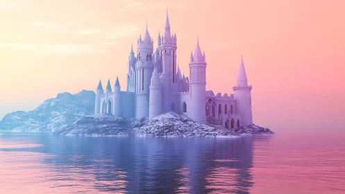 Enchanted castle rises majestically from icy waters in dreamlike scene.