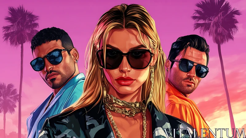 Neon sunset trio strides through glossy palm lined cool. Period.