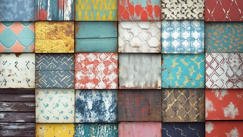 Grid of distressed painted panels with varied surface patterns.