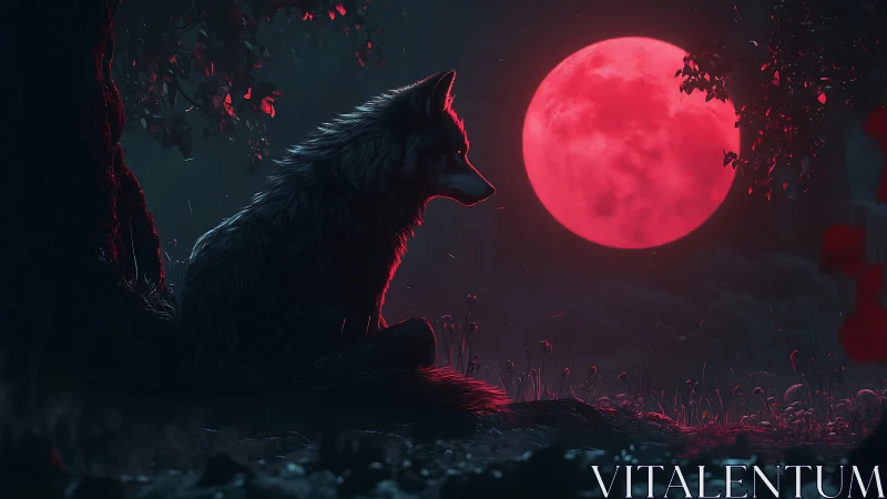 Moon-drenched wolf lingers beneath a crimson midnight sun