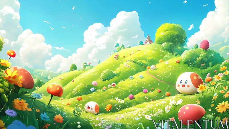 Cartoon hillside meadow with mushrooms and egg creatures.