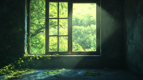 Sunlit overgrown interior window with verdant forest view.
