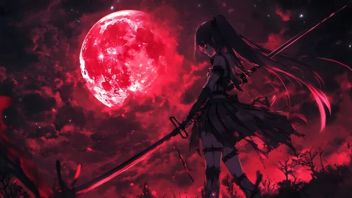 Sword-wielding girl under burning crimson lunar sky.
