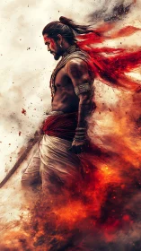 Incandescent warrior profile in eruptive particulate firestorm.