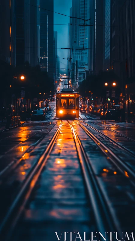 Night city tram on wet downtown street with reflections.