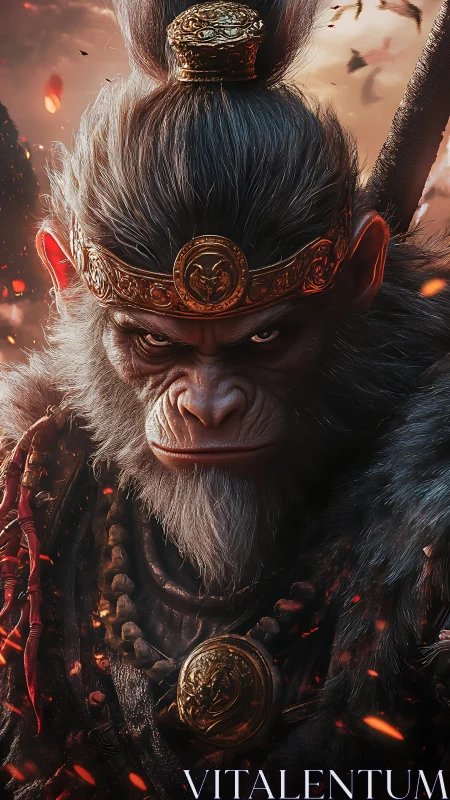 Mythic warrior monkey portrait with ornate golden armor.