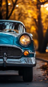 Vintage teal sedan close-up against glowing autumn trees.