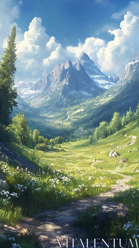 Mountain valley landscape shows detailed digital environment