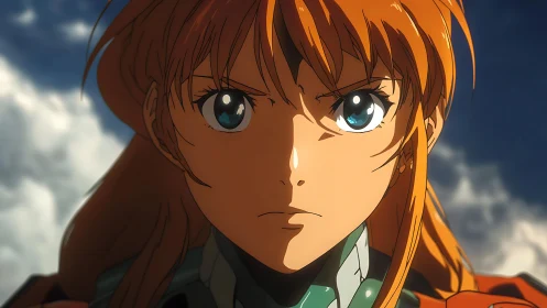 Resolute anime heroine under storm-lit dramatic sky.