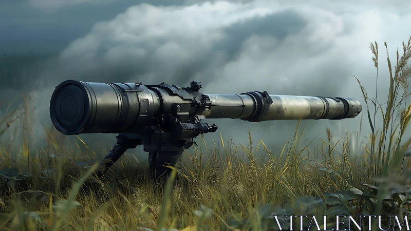 Field sniper lens cannon dreaming in stormlit grasslands.
