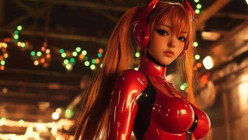 Red suited anime-styled figure in illuminated interior scene.