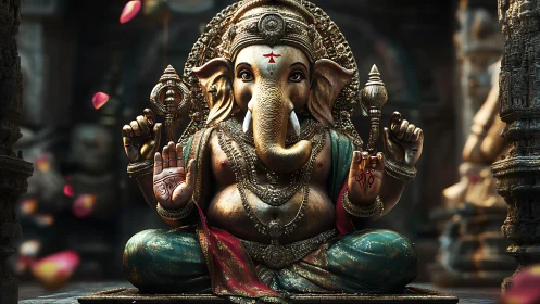 Graceful Ganesha idol glows with intricate temple details