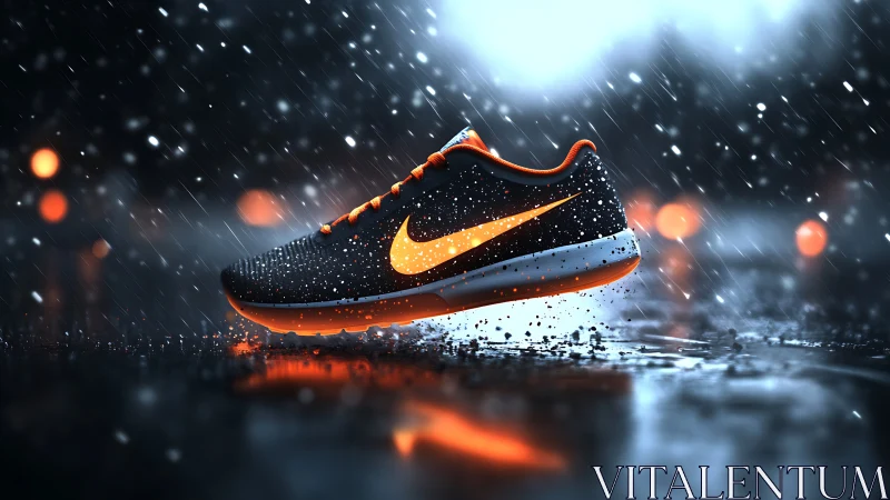 Running shoe in rain with orange trim and wet reflections.