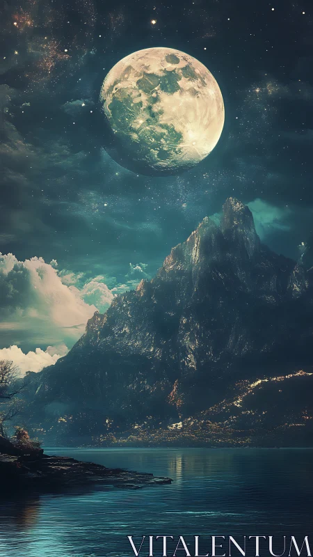 Large moon above mountainous lake in nocturnal landscape.