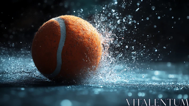 High-speed wet tennis ball impact with dramatic water spray