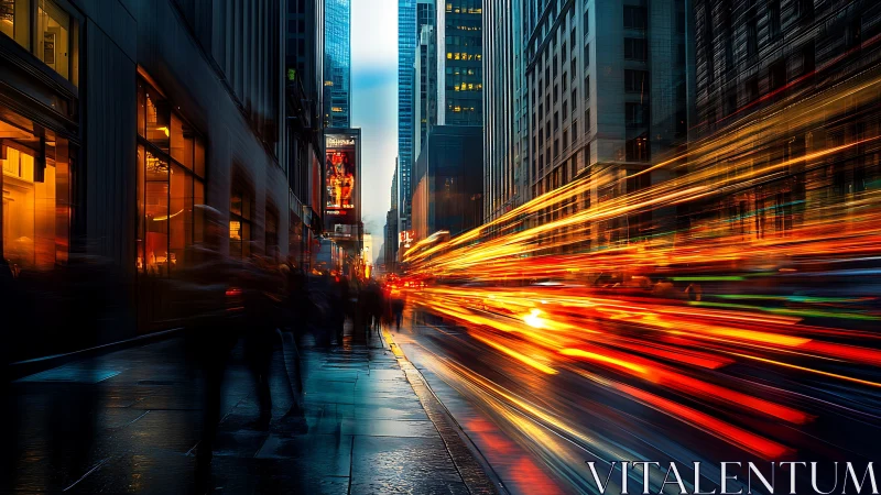 Neon city street with blazing light trails at dusk.