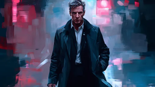 Midnight city wanderer in a coat of quiet resolve.