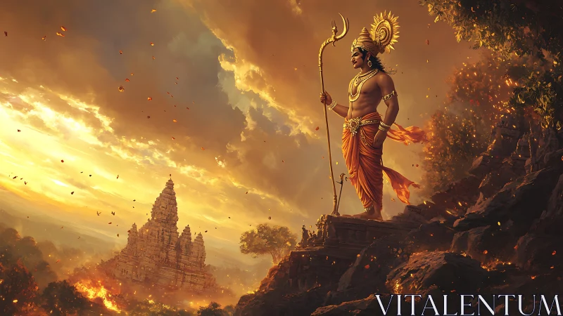 Mythological warrior figure overlooking temple landscape.