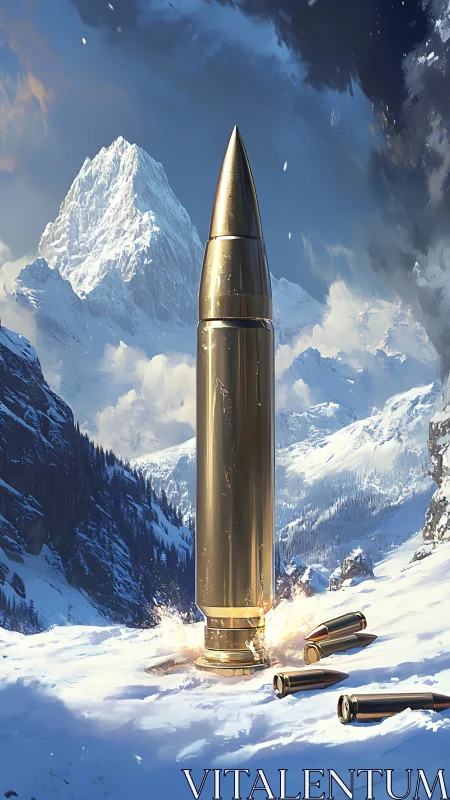 Monumental brass ammunition cartridge dominates alpine valley beneath snow-capped peaks