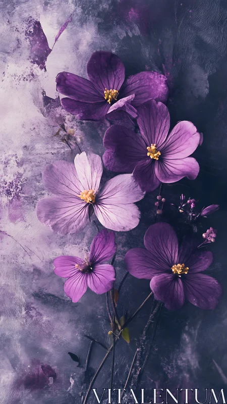 Purple cosmos flowers with golden stamens rendered in atmospheric painterly technique.