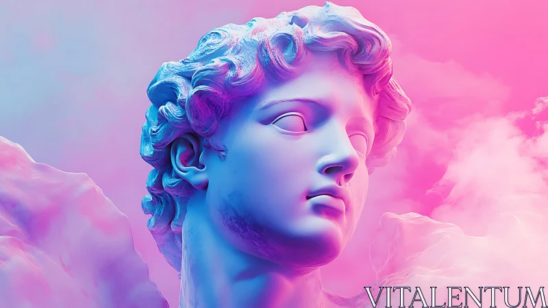 Neoclassical male bust with neon gradient lighting in clouds.