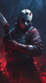 Masked slasher stands in bloodlit forest under moonlight.