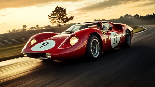 Low-slung vintage endurance race car on sunlit circuit straight