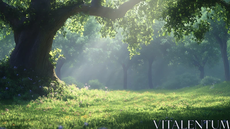 Sunlit Forest Glade with Towering Trees.