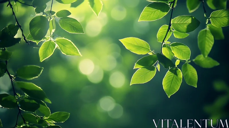 Sunlit green leaves with soft bokeh background, nature photography.