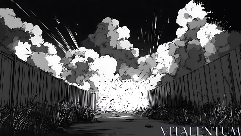 Monochrome alleyway explosion framed by tall fences and grass