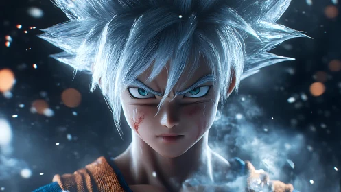 Silver-haired anime warrior channels icy battle focus.