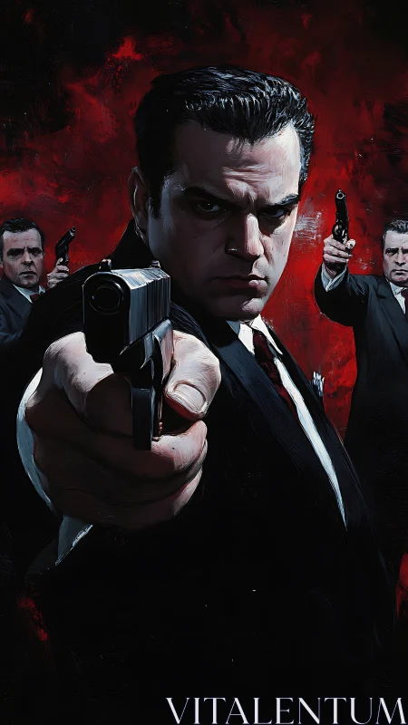 Mob enforcer aims pistol amid intense crimson backdrop.