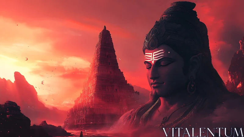 Divine Shiva profile beside towering red temple at dusk.