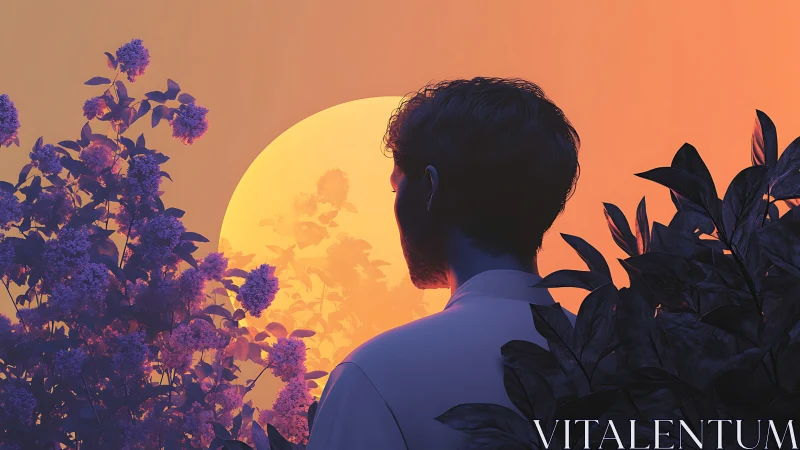 Solitary silhouette before oversized pastel sunset orb.