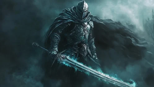 Armored dark knight stands with glowing sword in mist
