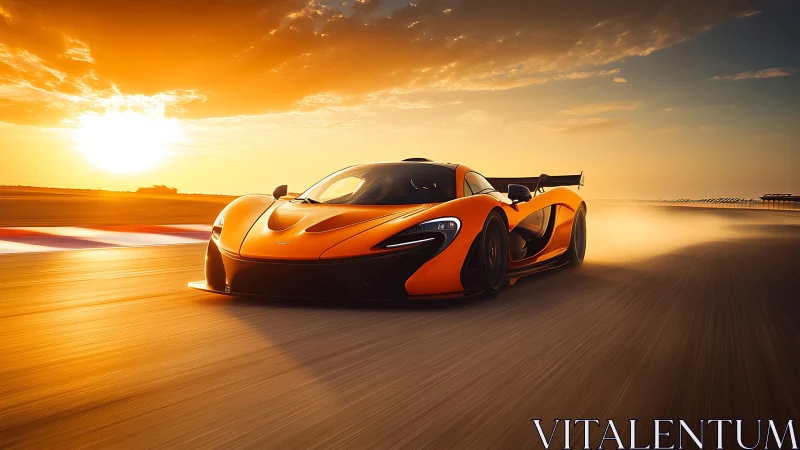 Orange supercar storming racetrack under blazing sunset.