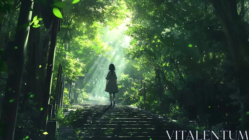 Solitary figure ascends shaded stone steps through dense forest