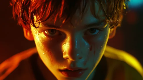 Intense young face glowing in dramatic golden light.