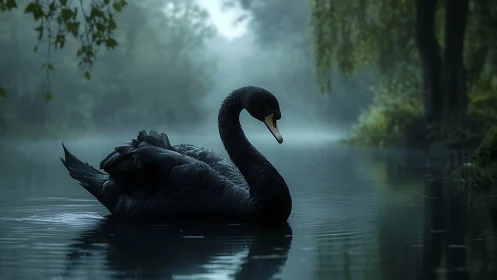 Nocturnal black swan gliding through misted forest waterway.