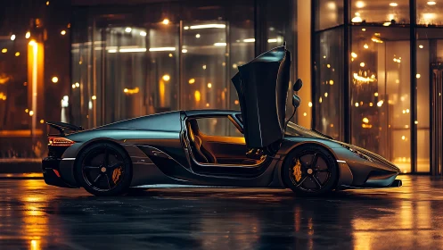 Midnight hypercar profile with scissor doors and neon reflections.
