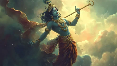 Dynamic blue-skinned deity rendered with volumetric cloud lighting