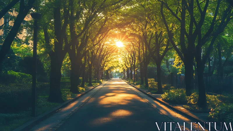 Sunlit tree lined urban pathway with long morning shadows.